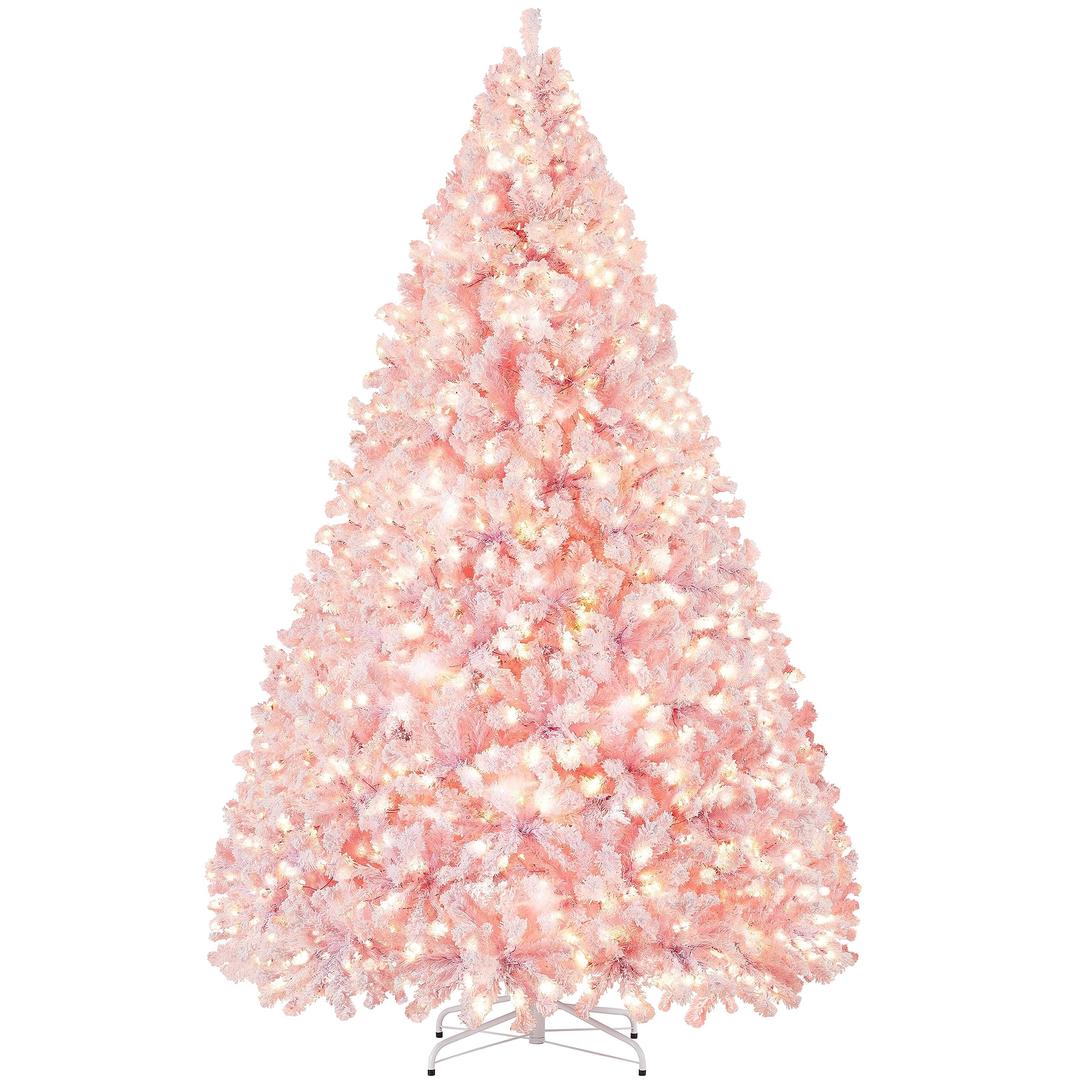 Yaheetech 9ft Pre-lit Artificial Christmas Tree with Incandescent Warm White Lights, Snow Flocked Full Prelighted Xmas Tree with 2084 Branch Tips, 900 Incandescent Lights & Foldable Stand, Pink