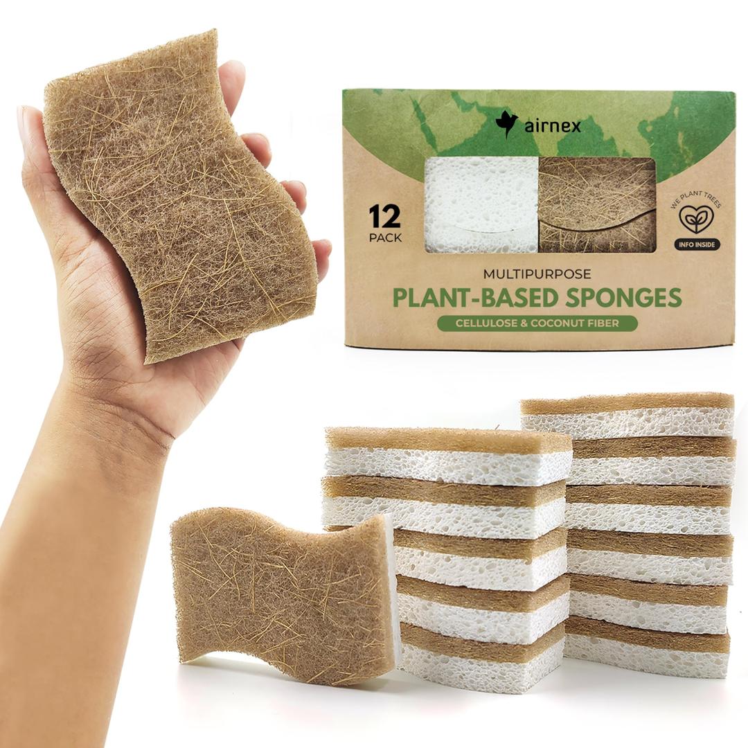 Natural Kitchen Sponge - Biodegradable Compostable Cellulose and Coconut Scrubber Sponge - Pack of 12 Eco Friendly Sponges for Dishes