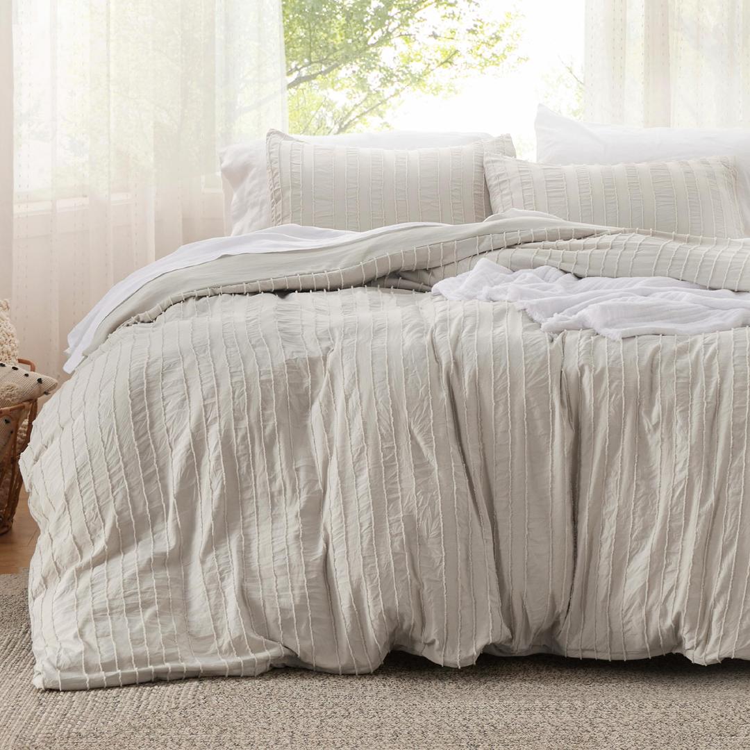 Bedsure Boho Comforter Set Queen - Linen Tufted Bedding Comforter Set, 3 Pieces Farmhouse Shabby Chic Embroidery Bed Set, Striped Pattern Comforter for All Seasons