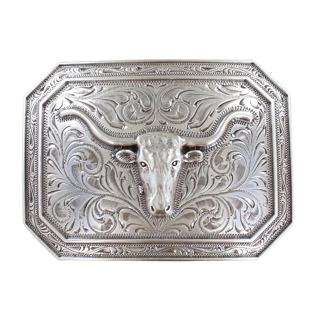 ARIATSilver Rectangle Buckle with Longhorn Motif and Western Scroll Engraving, Smooth Edge Design