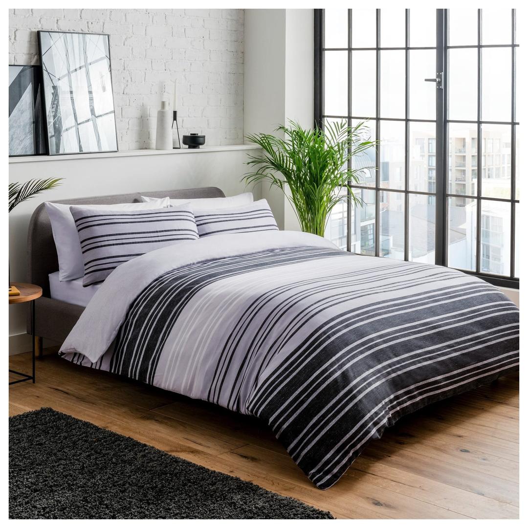 SleepdownDuvet Cover Set, Black Grey, Textured Stripe, Reversible Quilt Cover Easy Care Bed Linen Soft Cosy Bedding Sets with Pillowcases, Double (200cm x 200cm)