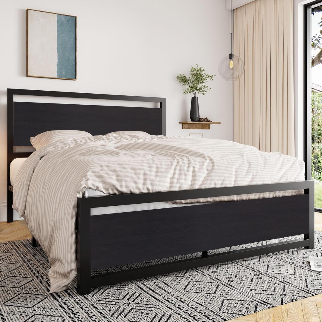 Allewie Queen Bed Frame with Headboard, Heavy Duty Metal Platform Bed Frame with Strong Support, Under Bed Storage, Stable Mattress Foundation, No Box Spring Needed, Black