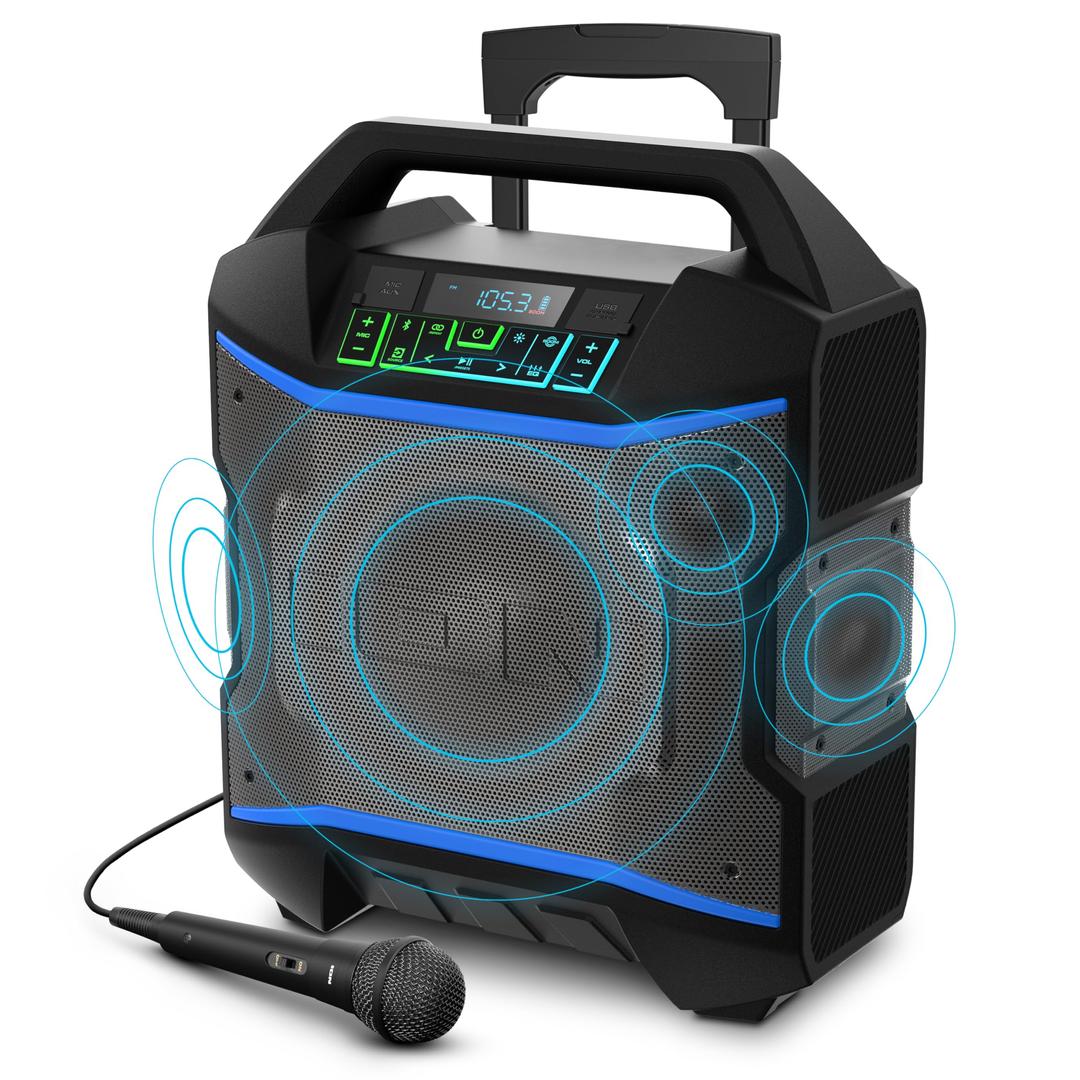 IonBlock Rocker - Portable Bluetooth Outdoor Party Speaker with Karaoke Microphone, Battery, 4 Speakers, Radio, USB Port, App, Water-Resistant, 120W