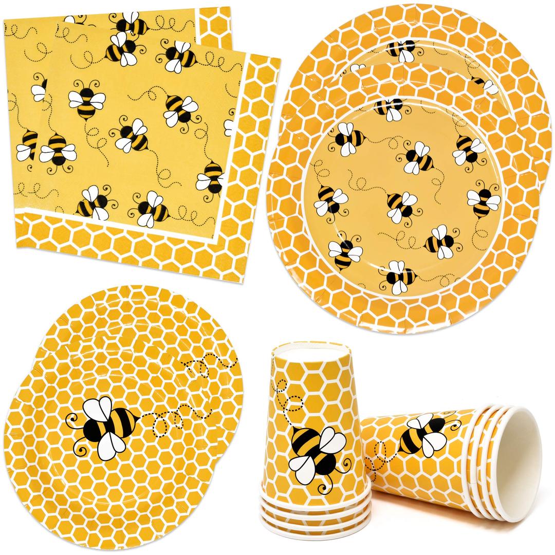 Bumble Bee Party Supplies Tableware Set 24 9" 7" Paper Plates Cups 50 Napkins Bees Honeycomb Baby Shower Happy Bee Day Birthday Disposable Dinnerware