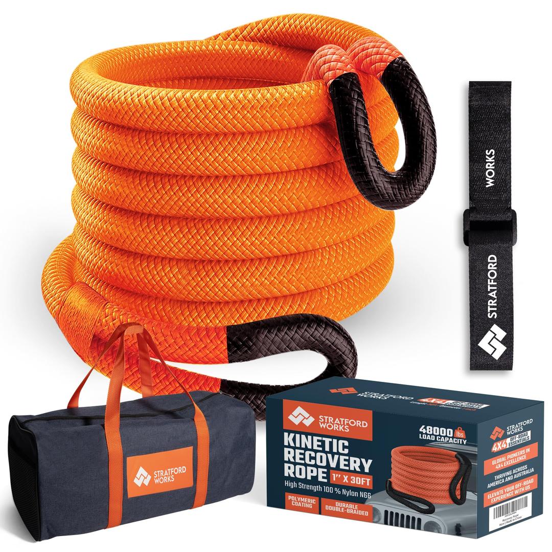 1" x 30 Feet Kinetic Recovery Rope – 48,000 lbs Capacity Tow Rope with Mesh Storage Bag - Off-Road Snatch and Strap Kinetic Rope Recovery Kit for SUV, UTV, ATV, Jeep,Trucks and Tractors