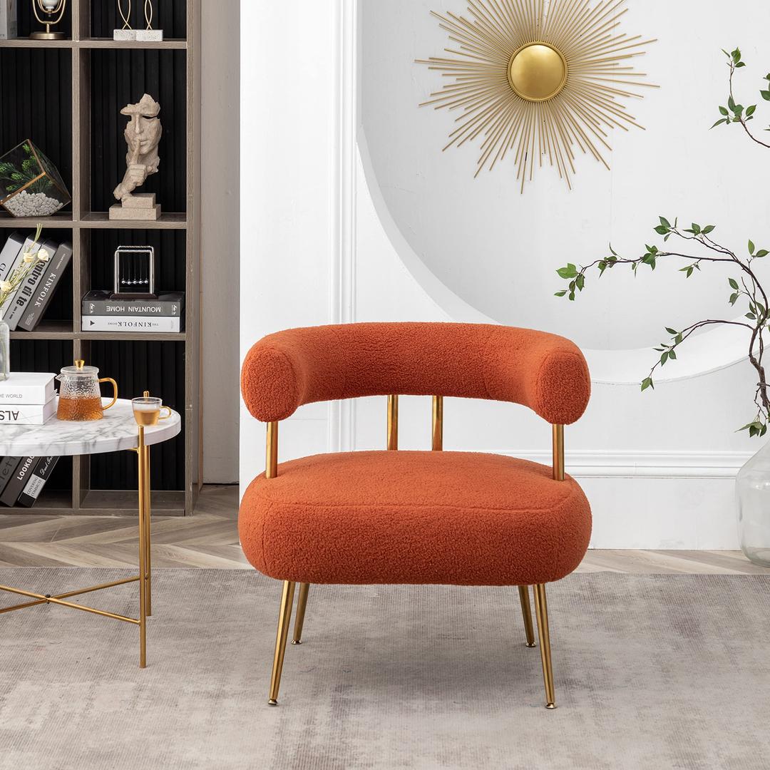 Mid Century Sherpa Boucle Accent Chair, Round Upholstered Barrel Arm Chair for Small Spaces, Fluffy Side Corner Sofa Chair for Living Room, Bedroom, Vanity, Office, Reading Nook(Orange)