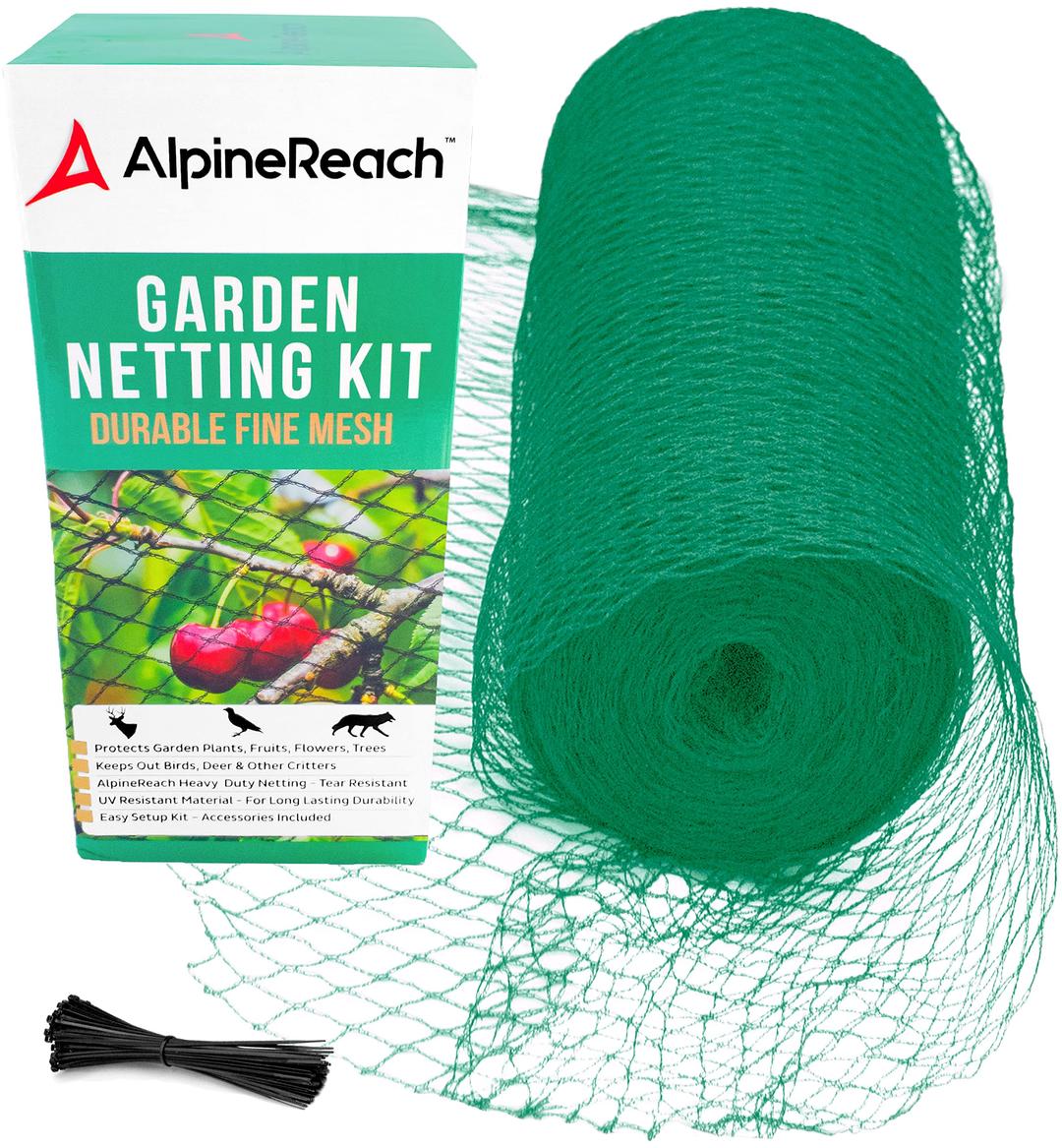 AlpineReachGarden Netting 7.5 x 65 ft Heavy Duty Bird Net, Deer, Plant Protection Extra Strong Woven Mesh, Reusable Kit with Zip Ties, Animal Fencing for Fruits Trees, Green