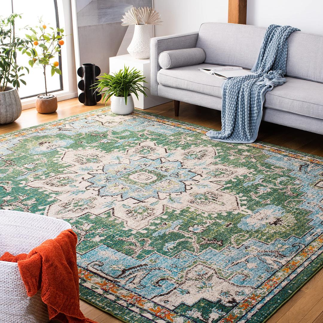 SafaviehMadison Collection Area Rug - 8' x 10', Green & Turquoise, Boho Chic Medallion Distressed Design, Non-Shedding & Easy Care, Ideal for High Traffic Areas in Living Room, Bedroom (MAD473Y)