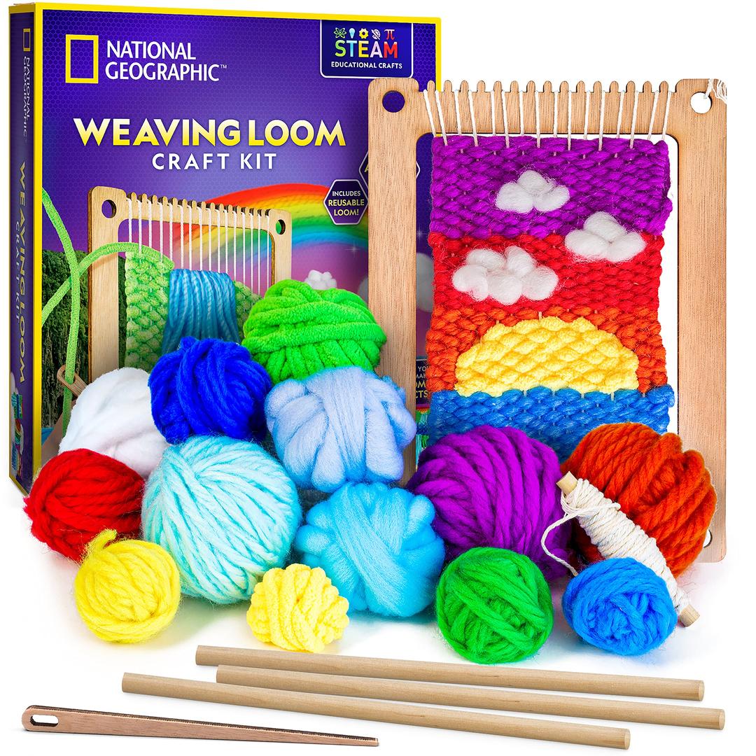 NATIONAL GEOGRAPHIC Wooden Arts and Crafts Loom Weaving Kit - Yarn and 3 Fun Designs for Easy Weaving, Child Weaving Set with Loom