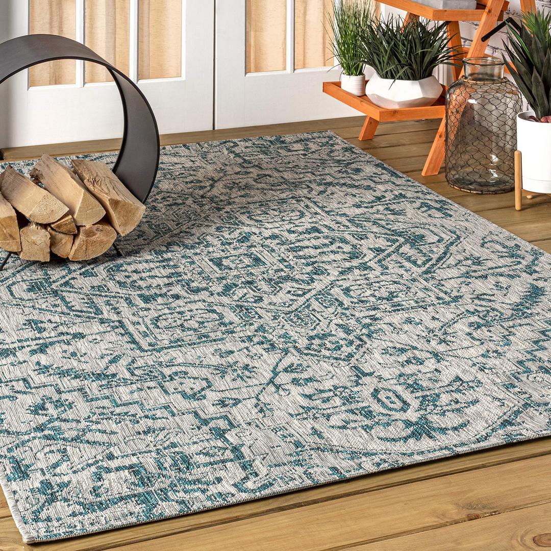 JONATHAN Y Estrella Bohemian Medallion Textured Weave Indoor/Outdoor Teal/Gray 3 ft. x 5 ft. Area-Rug, Coastal,Easy-Cleaning,HighTraffic,LivingRoom,Backyard, Non Shedding (SMB105C-3)