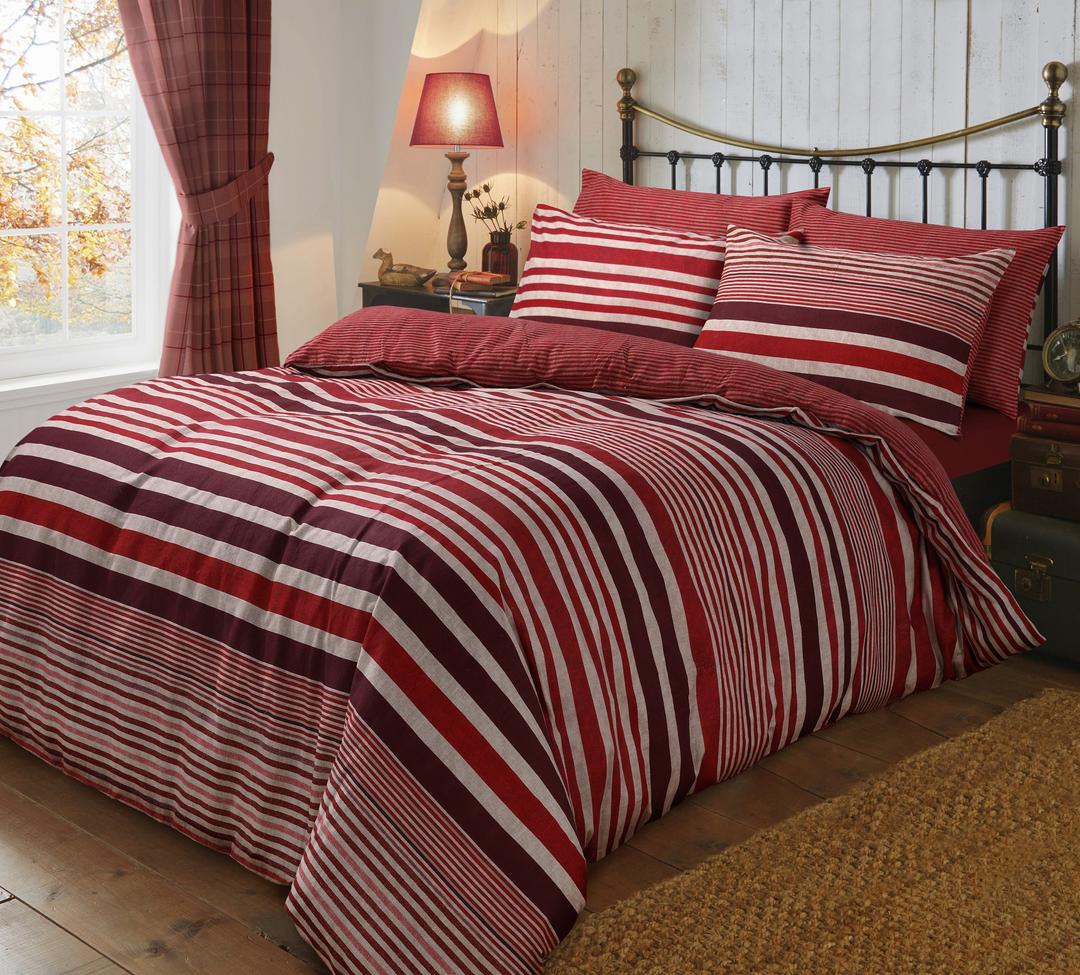 Sleepdown Flannel Stripe Red Reversible Soft Duvet Cover Quilt Bedding Set With Pillowcases-Double (200cm x 200cm), Cotton