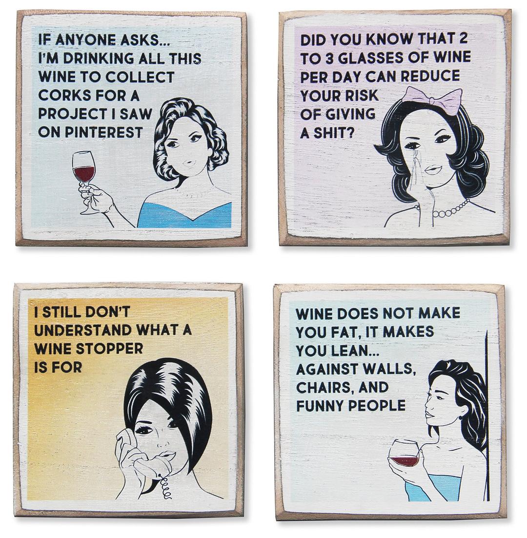 Wine Coasters with Holder - Funny Gifts for Women - Hostess Gifts - Housewarming Gifts for Wine Lovers - Wine Accessories (Funny Wine)