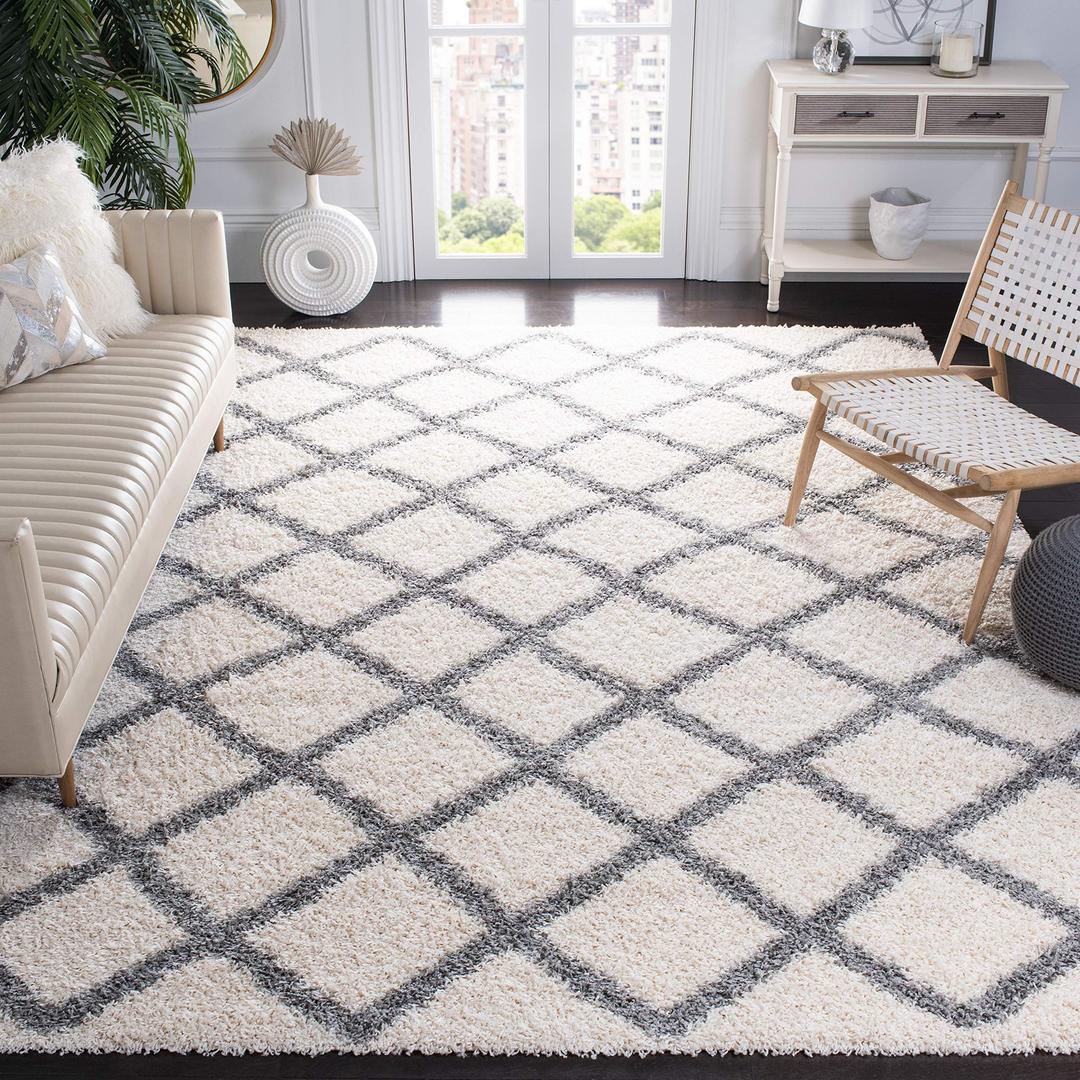 SAFAVIEH Dallas Shag Collection Area Rug - 8' x 10', Ivory & Grey, Trellis Design, Non-Shedding & Easy Care, 1.5-inch Thick Ideal for High Traffic Areas in Living Room, Bedroom (SGD258F)