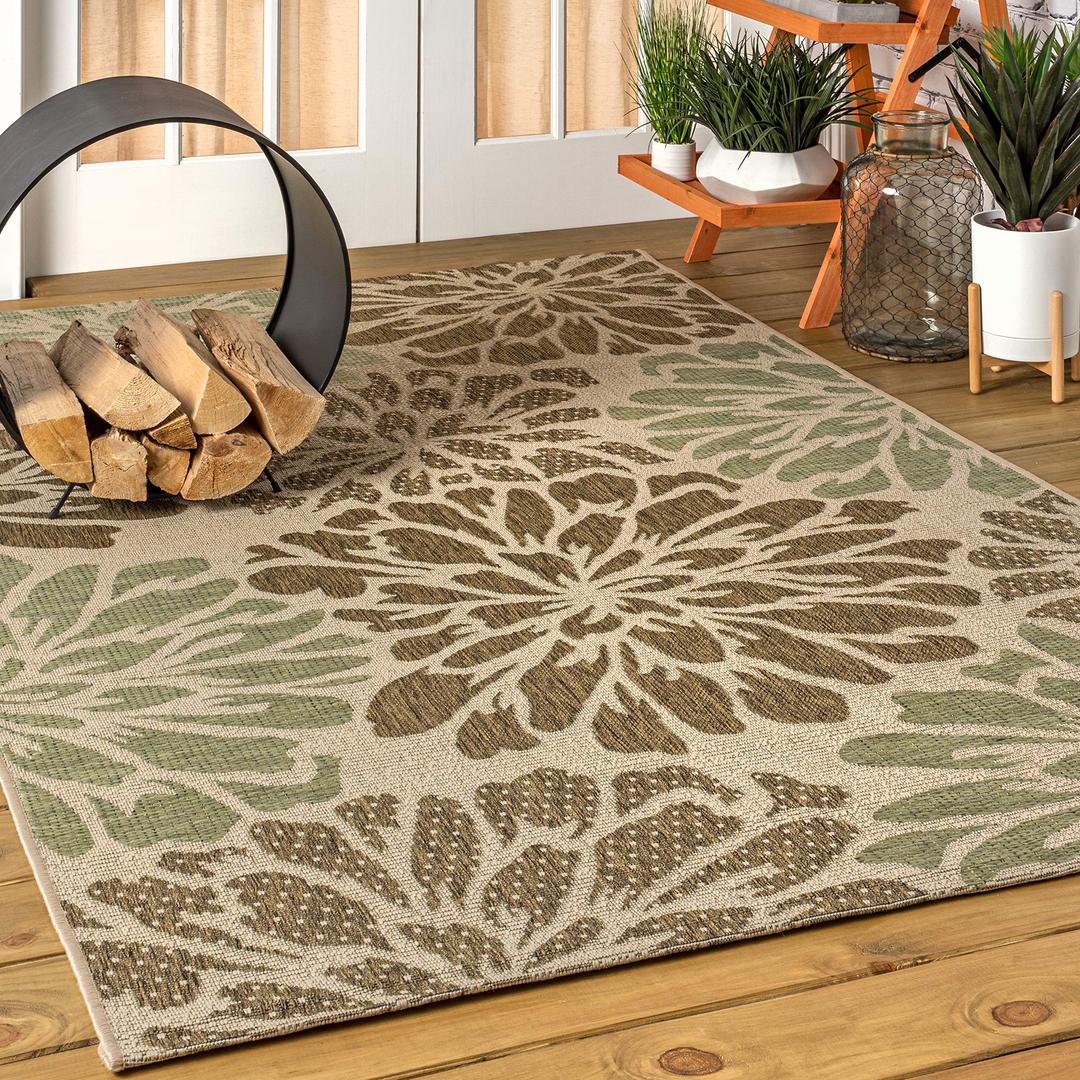 JONATHAN Y SMB110A-4 Zinnia Modern Floral Textured Weave Indoor Outdoor Area-Rug Bohemian Coastal Easy-Cleaning Bedroom Kitchen Backyard Patio Non Shedding, 4 X 6, Sage/Brown