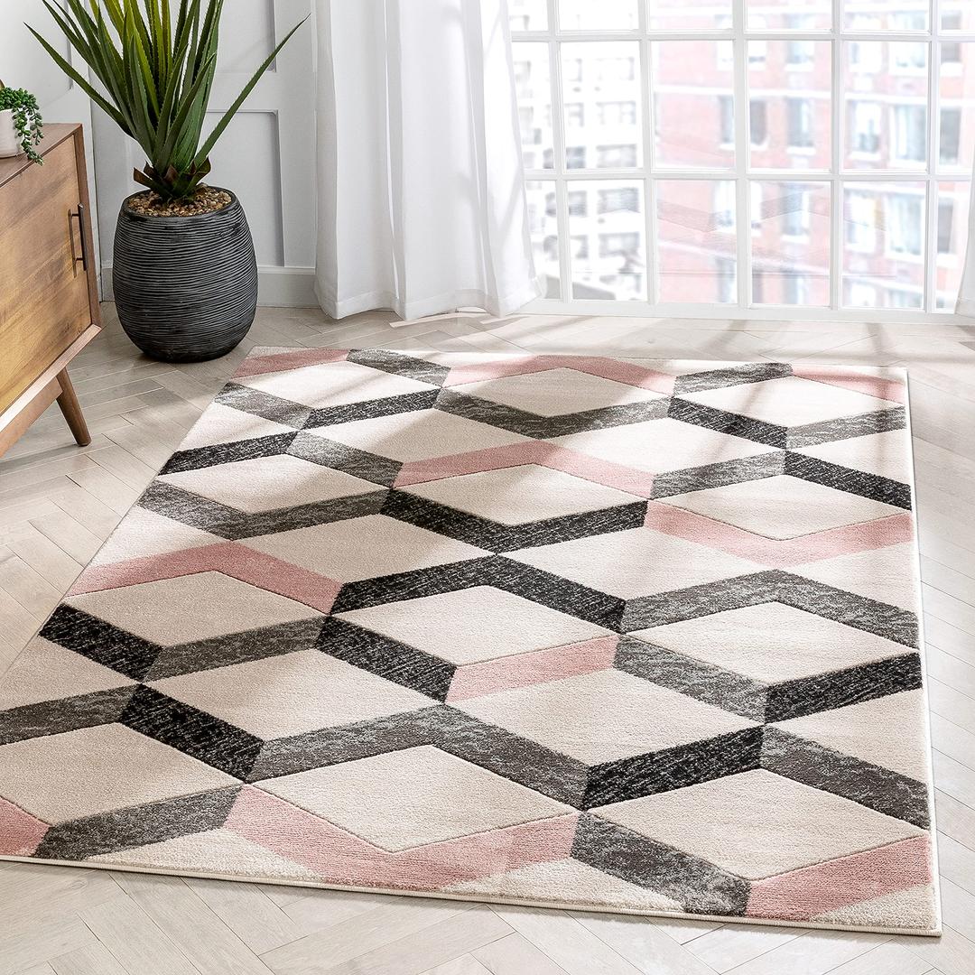 Well Woven Mandy Blush Pink Modern Geometric Zigzag Stripes Pattern Area Rug 160x220 cm (5'3" x 7'3" ft.)