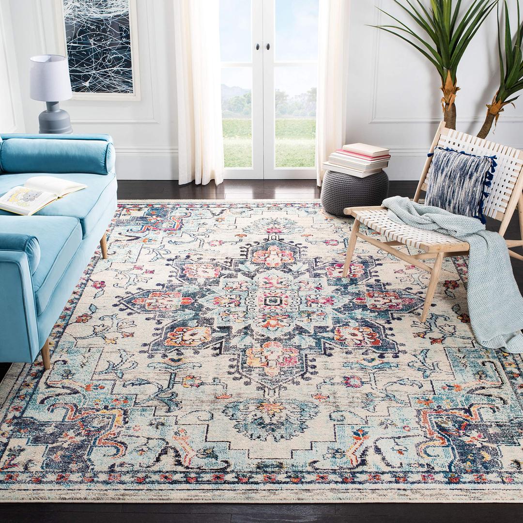 SAFAVIEH Madison Collection Area Rug - 10' x 14', Cream & Blue, Boho Chic Medallion Distressed Design, Non-Shedding & Easy Care, Ideal for High Traffic Areas in Living Room, Bedroom (MAD473B)