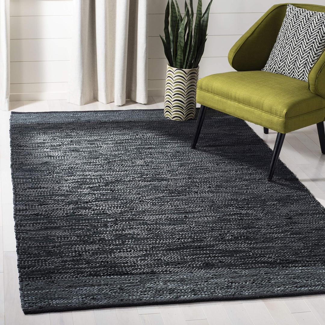 SAFAVIEH Vintage Leather Collection Area Rug - 8' x 10', Black & Grey, Handmade Stripe Leather & Cotton, Ideal for High Traffic Areas in Living Room, Bedroom (VTL201Z)