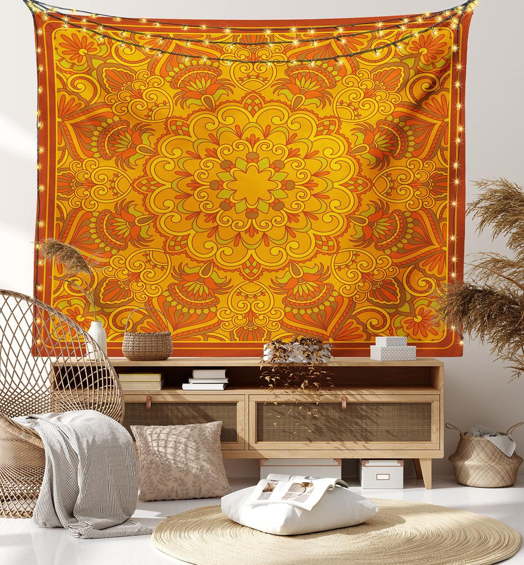 Lunarable Ethnic Tapestry King Size, Middle Eastern Old Fashioned Carpet Pattern Inspired Retro Oriental Image, Wall Hanging Bedspread Bed Cover Wall Decor, King Size, Marigold Orange