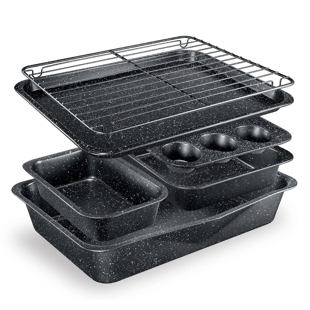 Granitestone Black 6 Pc Stackable Nonstick Bakeware Set With Oven Pans, Baking Sheet, Wire Rack - Complete Kitchen Baking Set, Oven/Dishwasher Safe, 100% Non Toxic…