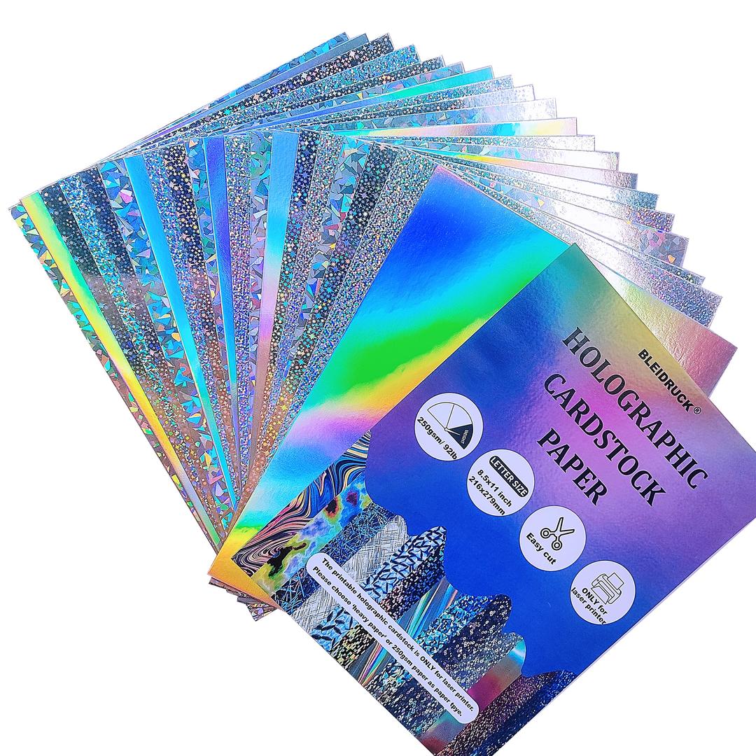 20 Sheets 8.5 x 11 Holographic Cardstock Paper, 250gsm/92lb Printable Metallic Glitter Paper 4 Mixed Styles Only Compatible with Laser Printer,Thick Card Stock for Crafts, Scrapbook, Party Decoration