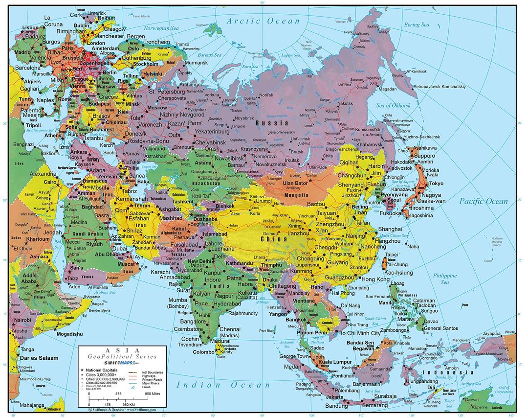 SwiftmapsAsia Wall Map GeoPolitical Edition (18x22 Laminated)