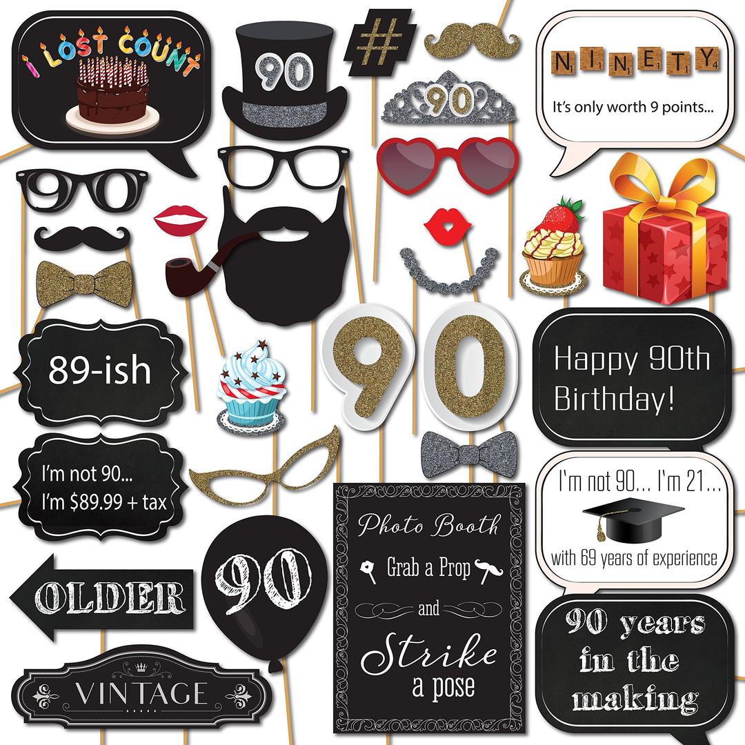 90th Birthday Photo Booth Props - 31-pc Selfie Props with 8 x 10-Inch Sign, 45 Adhesive Pads, 35 Sticks - 90th Birthday Props - Funny Birthday Photo Booth Props