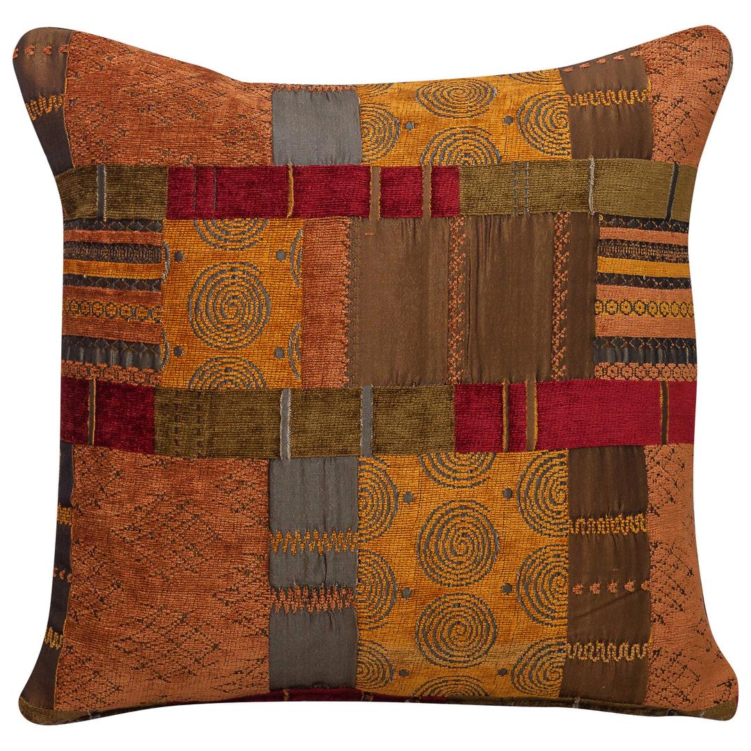 Moroccan Style Patchwork Cushion Cover. Double Sided. 17x17" Square Pillowcase. Rich red chenille, ethnic terracotta burnt orange faux sulk, tribal green. Heavyweight fabric. Handmade in the UK.