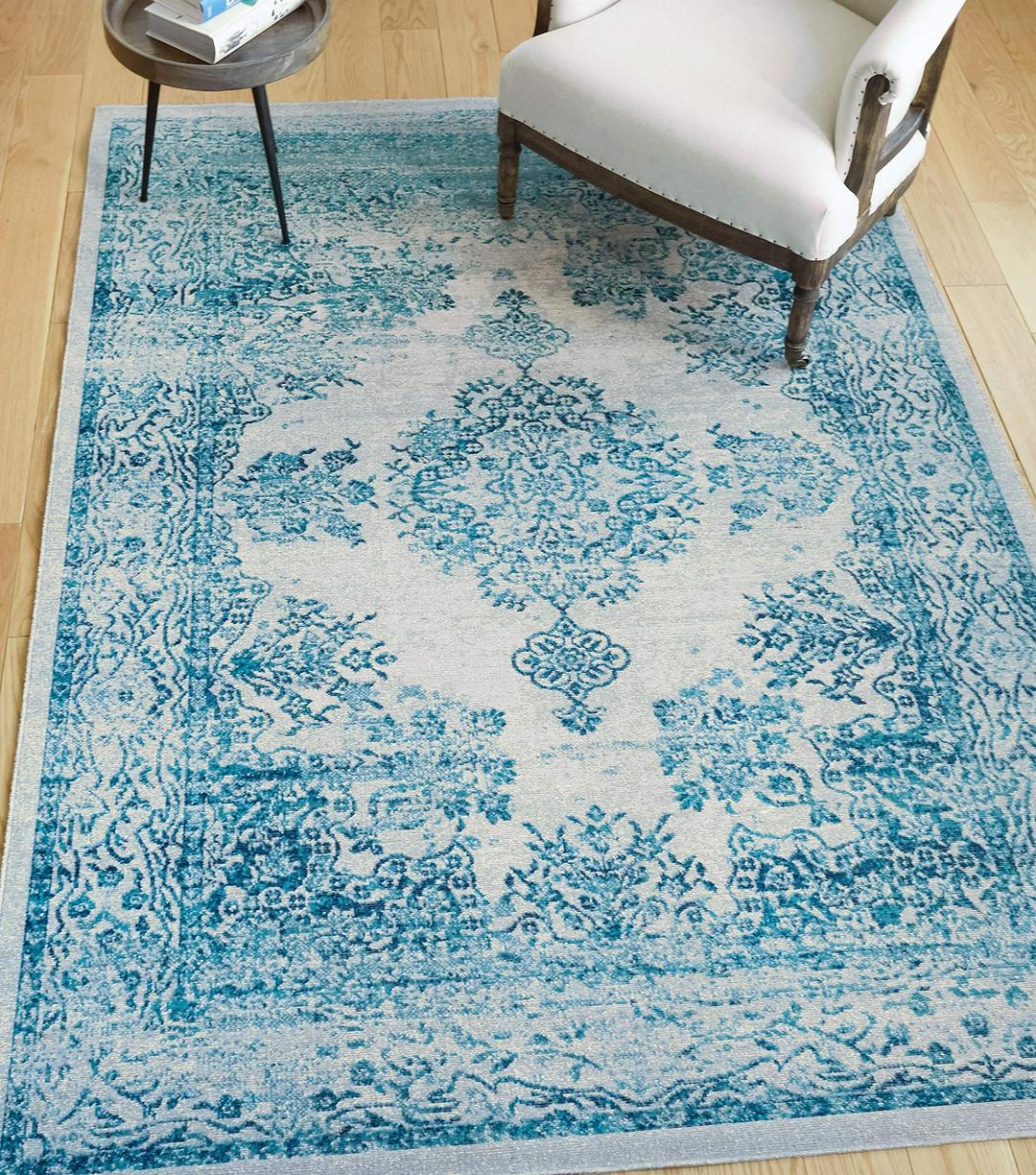 Lyon Blue Vintage Medallion Short Pile Kilim Style Modern 150x100 cm (3'3" x 5') Area Rug Antique Weathered Oriental Multi colour Pattern