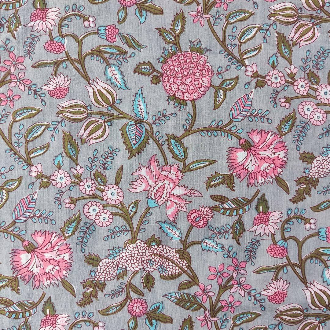 Craftbot Hand Block Print Fabric by The Yard - PRECUT 1 Yard 42 Inch Width - 100% Cotton Material - Grey & Pink Floral Pattern - Light Weight Indian Cloth for Making Summer Dress Tops Indian Fabric