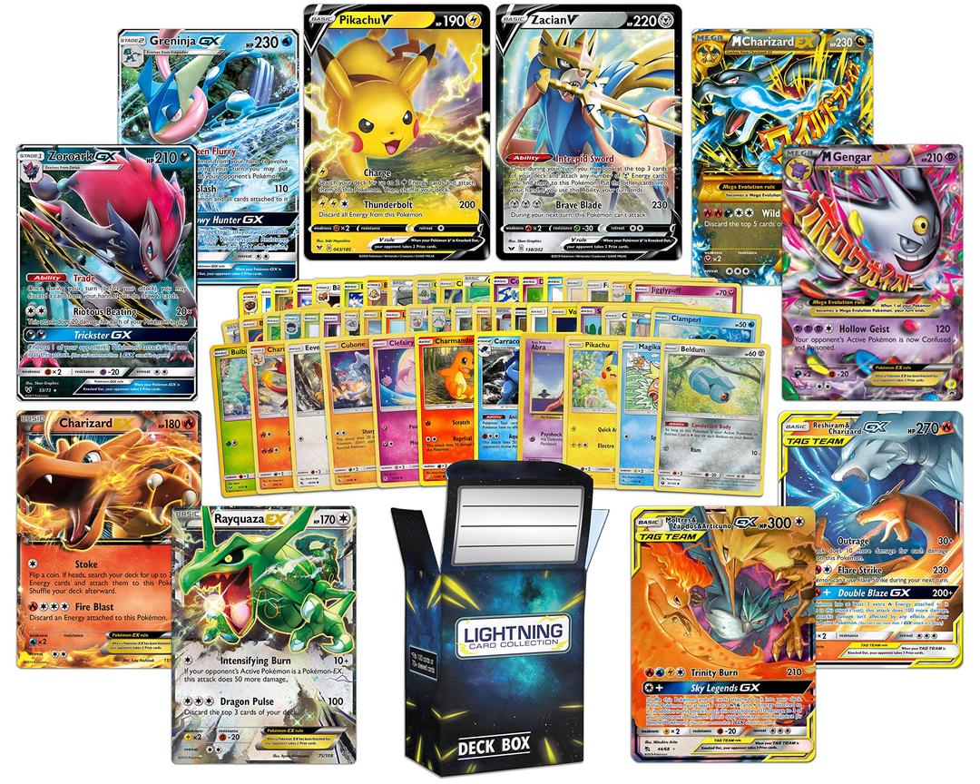 Ultra Rare Deluxe Pokemon Bundle – 50 Random Assorted Pokemon Cards Plus 50% Chance for 2 Legendary Ultra Rare, EX, GX, V, or Vmax Pokemon Cards, Plus a lightning card collection Box