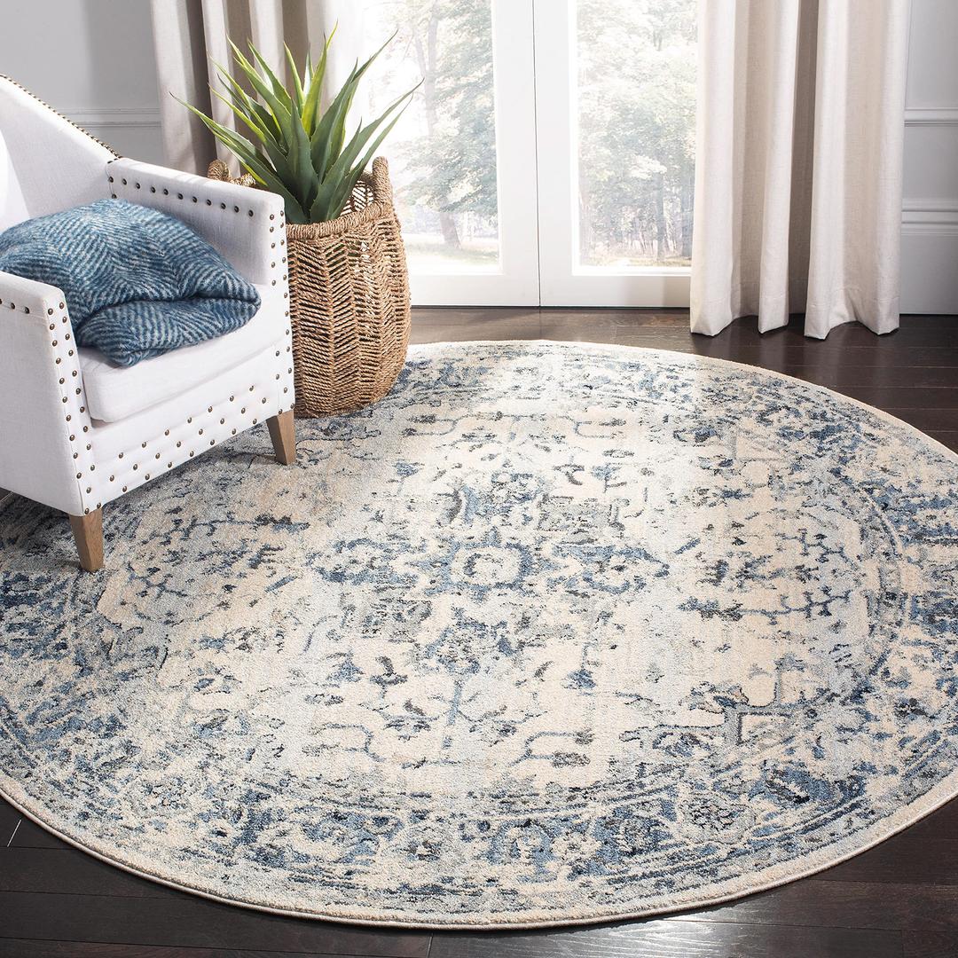 SAFAVIEH Charleston Collection Area Rug - 8' Round, Ivory & Navy, Oriental Distressed Design, Non-Shedding & Easy Care, Ideal for High Traffic Areas in Living Room, Bedroom (CHL411A)