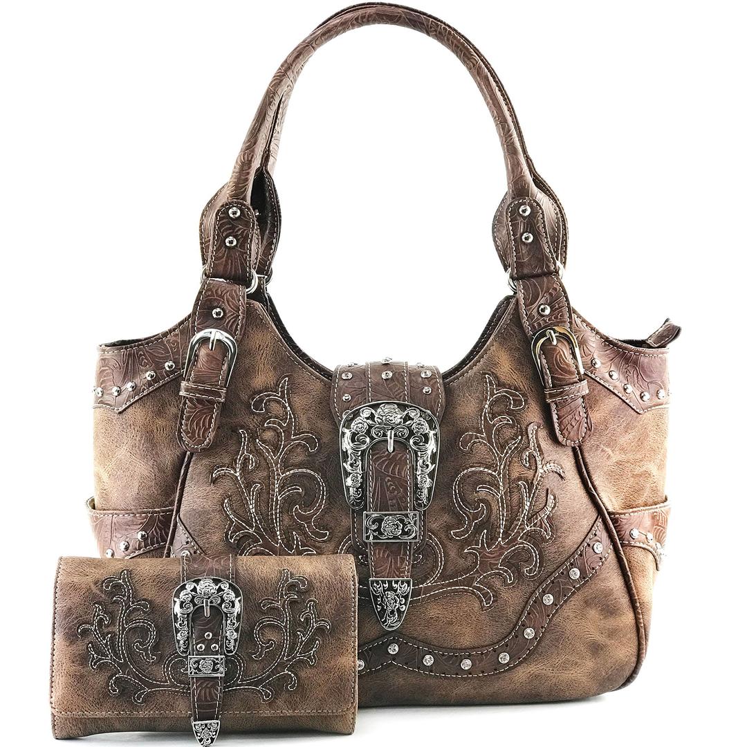 Justin WestWestern Brown Purse Floral Buckle Concealed Carry Handbag