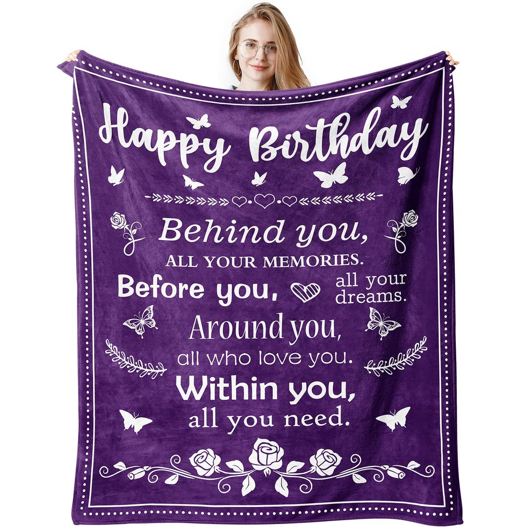 Birthday Gifts for Women/Men/Her/Him Friendship Blanket Purple 60"x50", Happy Birthday Decorations Women/Men Throw Blanket, Bday Gifts for Women Unique, Best Birthday Gift Ideas