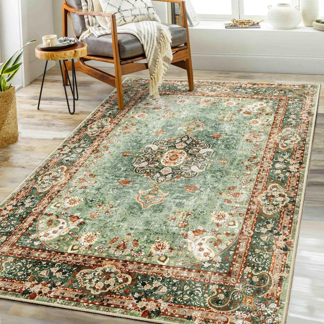 Green Rug 3x5,Washable Area Rugs for Bedroom Living Room Kitchen Entryway,Small Boho Vintage Bohemian Distressed Oriental Non Slip Carpet