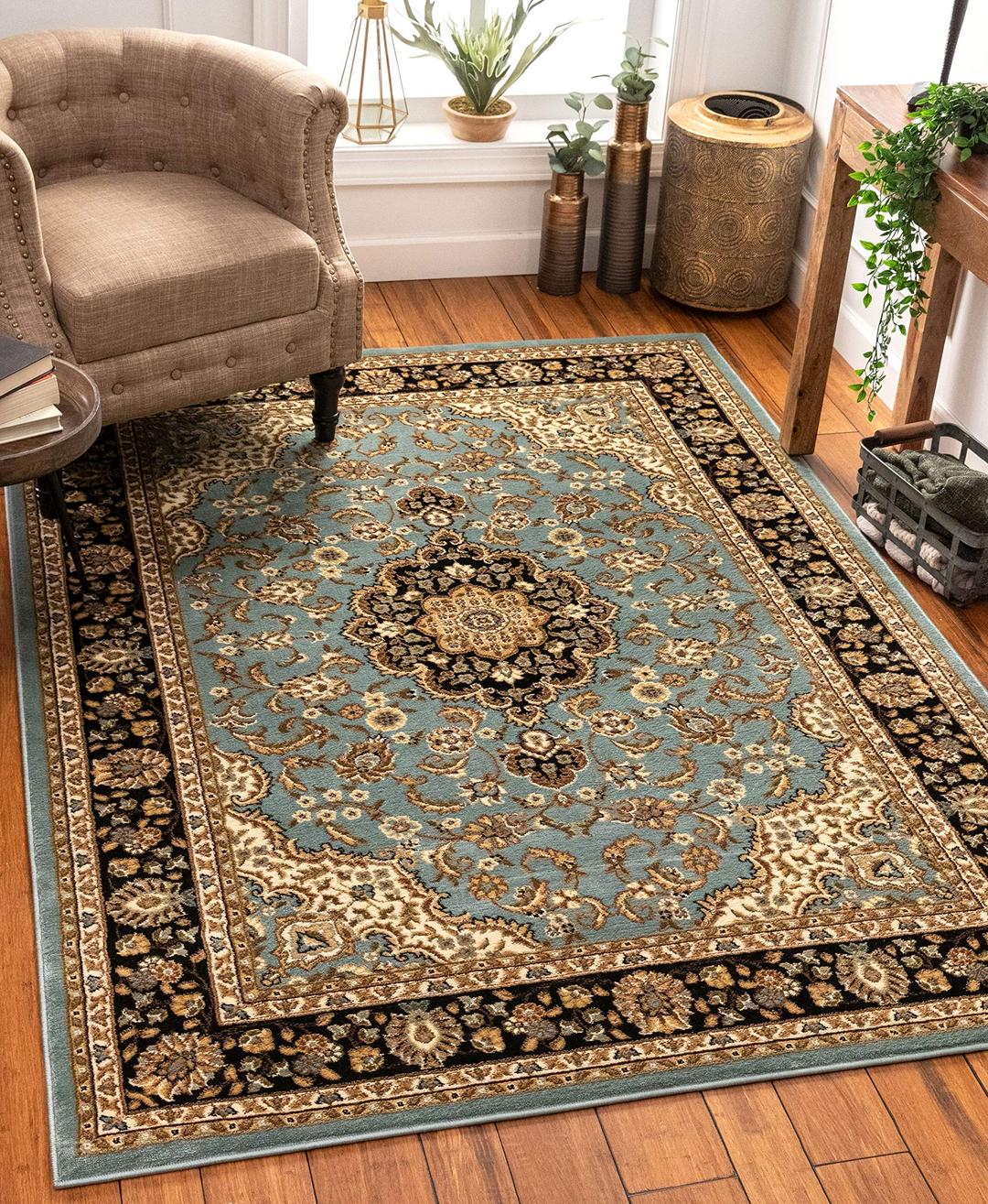 Well Woven Noble Medallion Light Blue Persian Floral Oriental Formal Traditional Area Rug 120 x 160 cm Easy to Clean Stain Fade Resistant Shed Free Modern Contemporary Soft Living Dining Room Rug