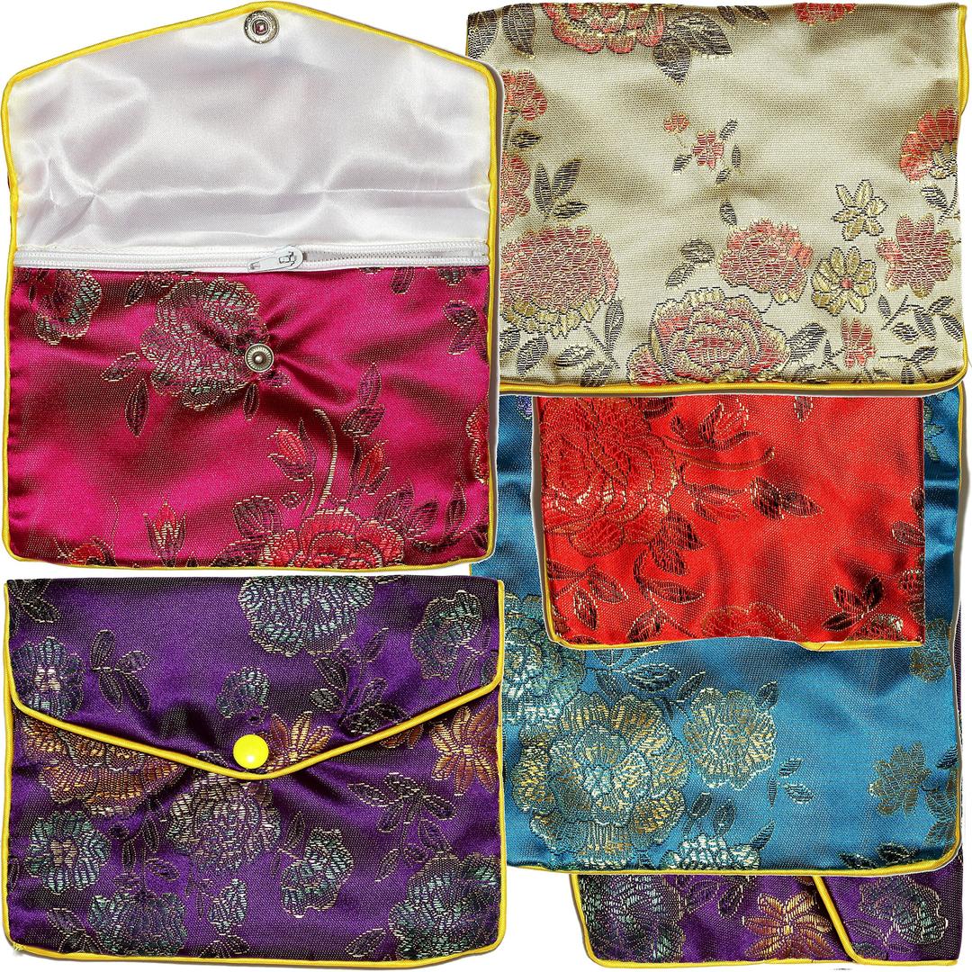 AnsonsImagesAnsonsImages 6pcs Chinese Silk Jewelry Pouches Mix Colors Red Turquoise Blue Gold 5.5x4.5 Inches