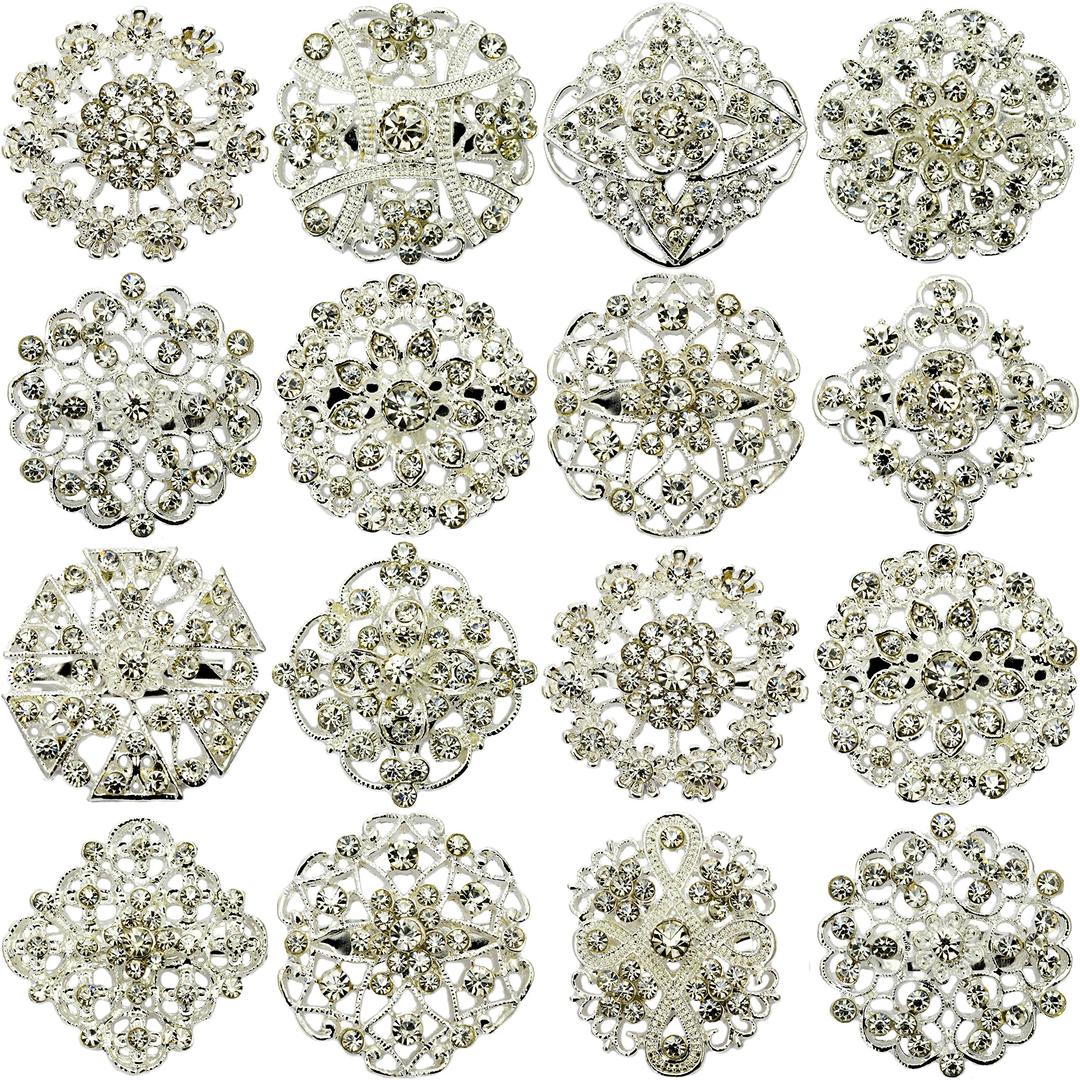 New 12pcs Mix Set Silver Flower PIN BROOCHES Diamante Crystal JOBLOT Brooch Wedding Bouquet LOT DIY UK Seller